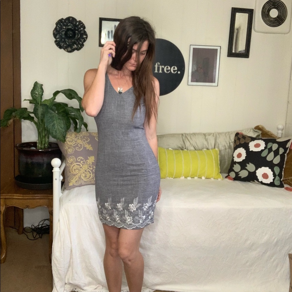 Vintage Gray Floral Embroidered Dress